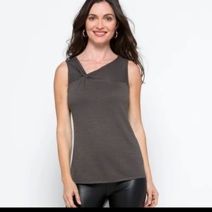41 Hawthorn sleeveless soft grey blouse with a Rylee Twist front design.